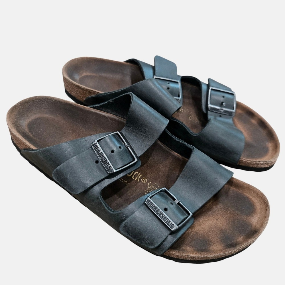 Birkenstock Arizona Sandals 41 M8 L10 Black Oiled‎ Leather 2 Strap Beach Unisex